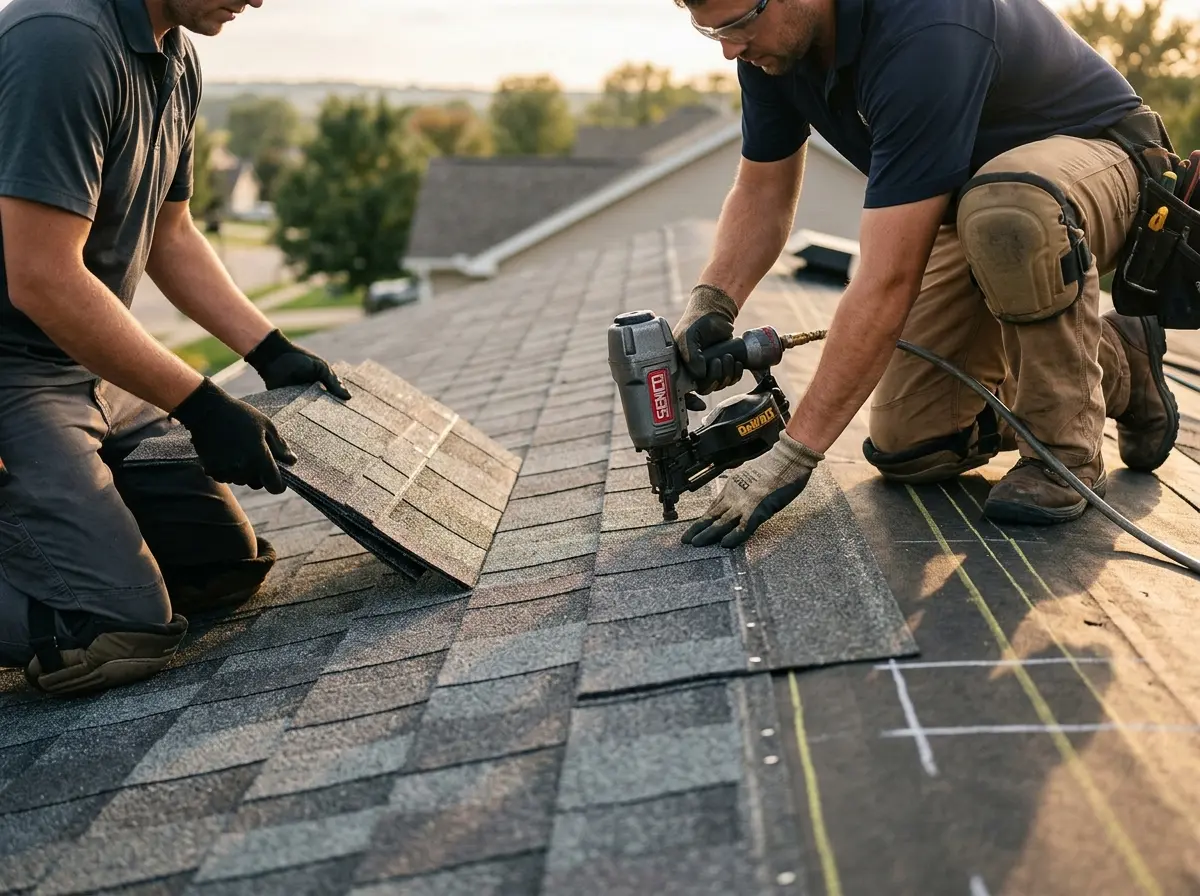 Professional roofer working on a residential roof in Druid Hills